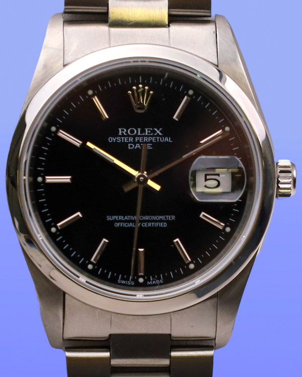 No Reserve - 1999 (A Serial) Rolex Oyster Perpetual Date 34MM Black Dial Oyster Bracelet (15200)
