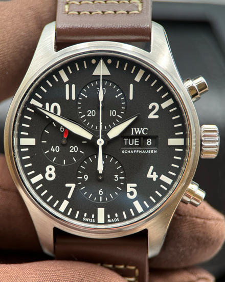2021 IWC Schaffhausen Pilot Chronograph 43MM Black Dial Leather Strap (IW377709)