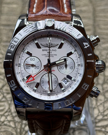Breitling Chronomat GMT 44MM Silver Dial Leather Strap (AB0420)