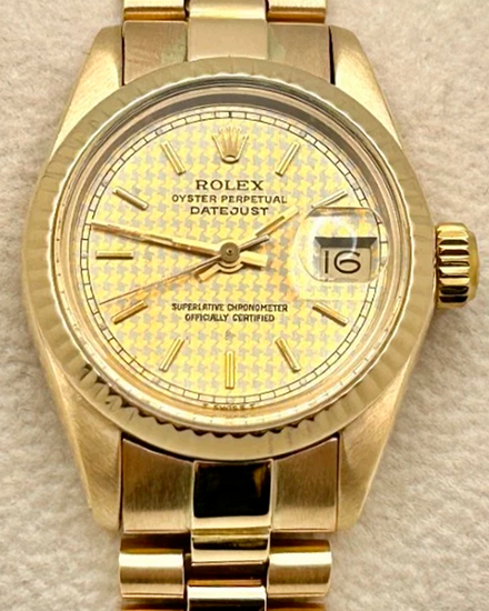 1978 (5.4 Mill. Serial) Rolex Lady-Datejust 26MM Champagne "Houndstooth" Dial Yellow Gold President Bracelet (6917)