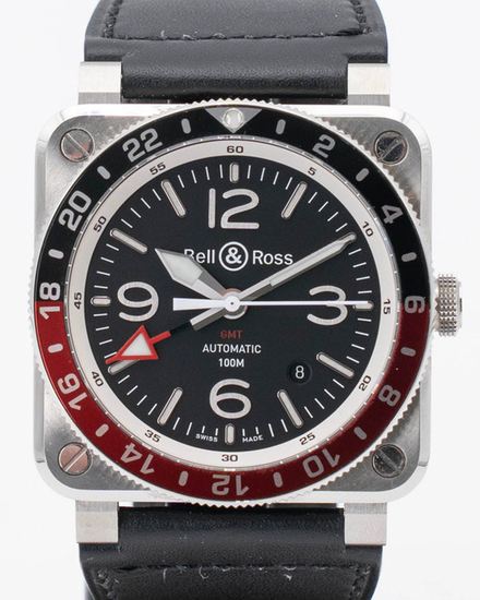 Bell & Ross BR 03 GMT 42MM Black Dial Leather Strap (BR0393-BL-ST/SCA)
