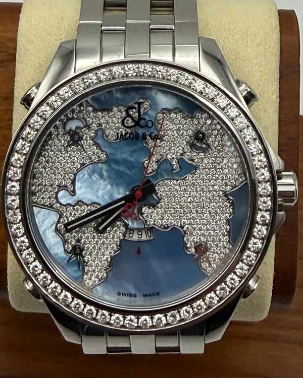 2021 Jacob & Co. Five Time Zones "The World Is Yours" 40MM Mother Of Pearl Dial Steel Bracelet (JCM47WM)