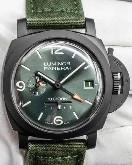 Panerai Luminor Dieci Giorni GMT 44MM Green Dial Textile Strap (PAM01483)
