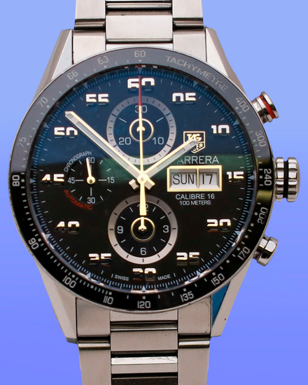 No Reserve - Tag Heuer Carrera Calibre 16 43MM Black Dial Steel Bracelet (CV2A1R)