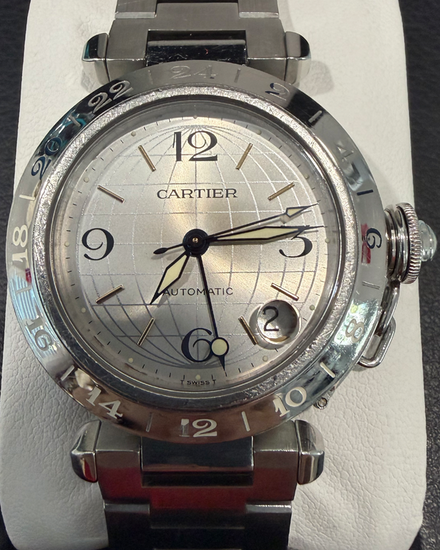Cartier Pasha De Cartier C GMT 35MM Silver Dial Steel Bracelet (2377)