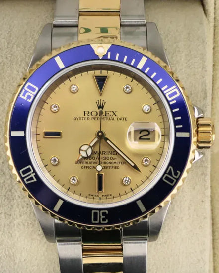 2004 (F Serial) Rolex Submariner Date "Bluesy" 40MM Champagne "Serti" Dial Two-Tone Oyster Bracelet (16613)