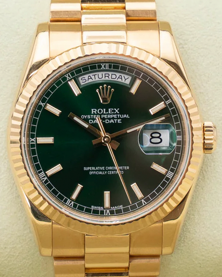 Rolex Day-Date 36MM Green Dial Yellow Gold President Bracelet (118238)