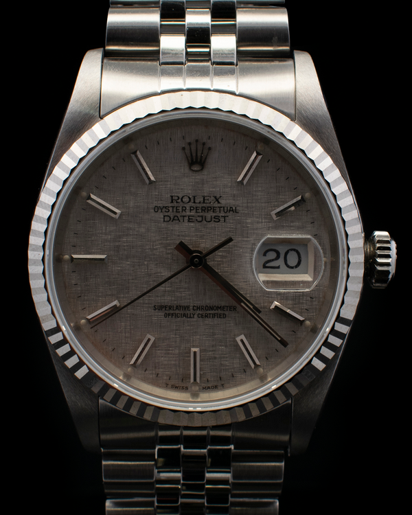 1990 Rolex Datejust 36MM Silver "Linen Motif" Dial Jubilee Bracelet (16234)