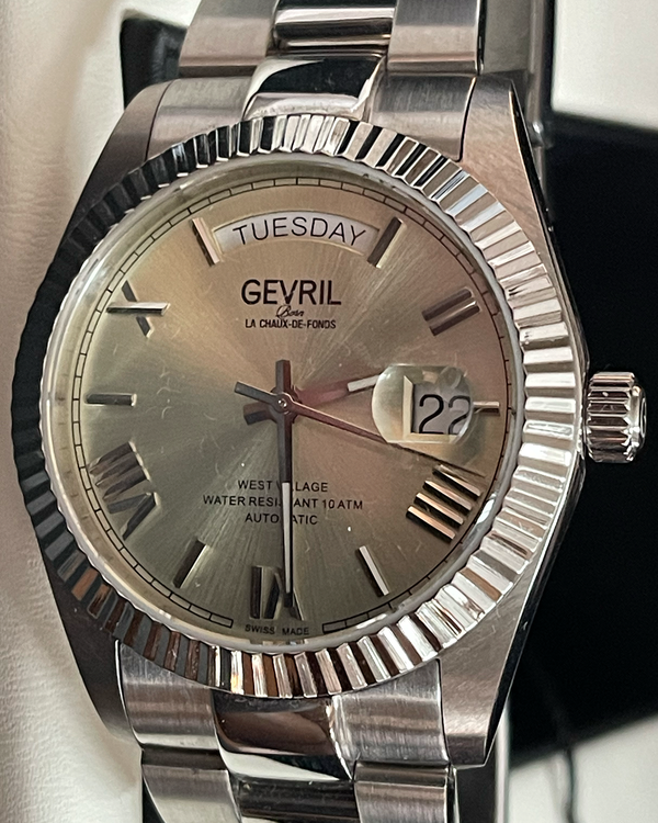 No Reserve - Gevril West Village Day-Date 40MM Ivory Dial Steel Bracelet (48951B)