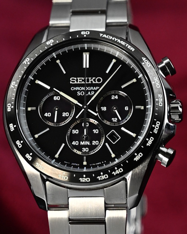 No Reserve - Seiko Selection Solar Cronograph 42.2MM Quartz Black Dial Steel Bracelet (SBPY167)