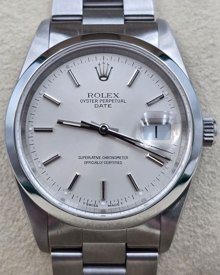 2002 Rolex Oyster Perpetual Date 34MM Silver Dial Oyster Bracelet (15200)