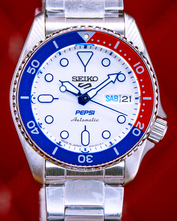 No Reserve - 2025 Seiko 5 Sports "Pepsi" L.E. 38MM Silver Dial Steel Bracelet (SRPL99)