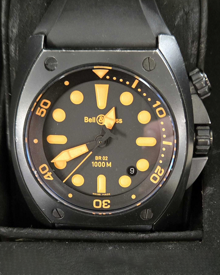 Bell & Ross BR 02 Marine Orange Diver 44MM Black Dial Rubber Strap (BR02-20-S)