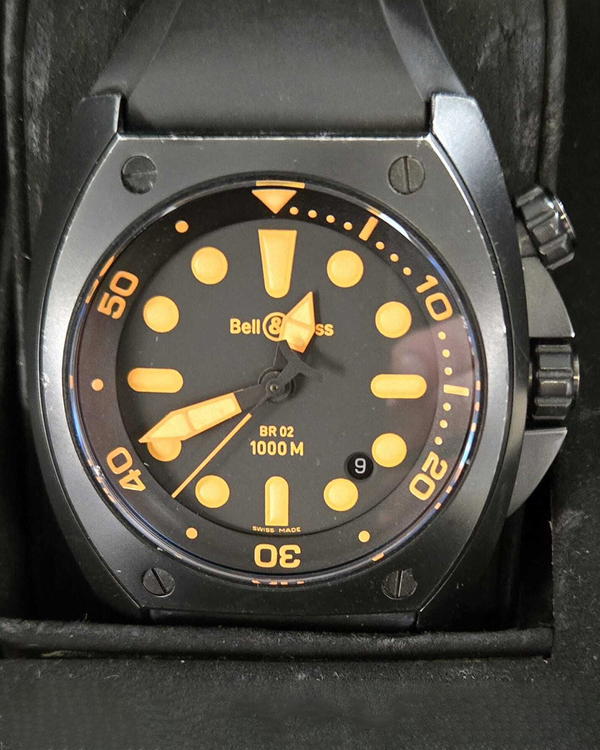Bell & Ross BR 02 Marine Orange Diver 44MM Black Dial Rubber Strap (BR02-20-S)