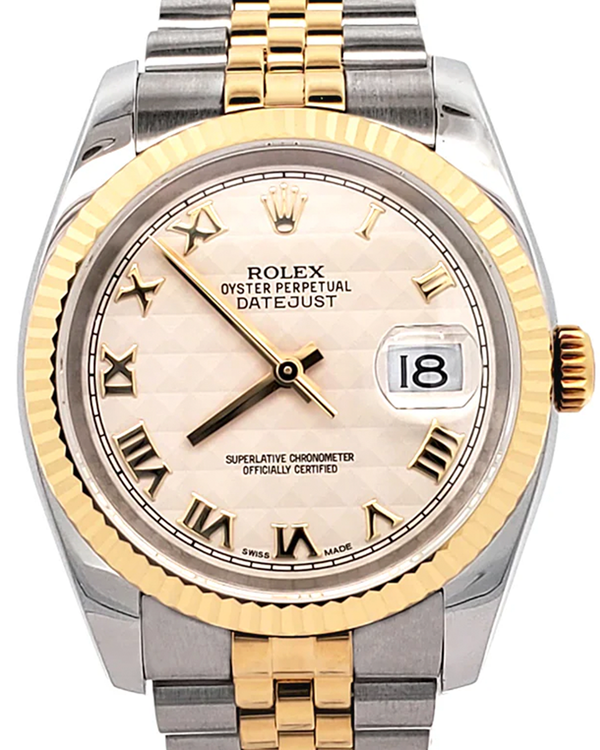 2013 Rolex Datejust 36MM Cream "Pyramid" Dial Two-Tone Super Jubilee Bracelet (116233)