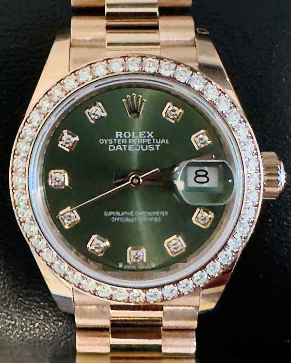 2025 Rolex Lady-Datejust 28MM Green Dial Rose Gold President Bracelet (279135RBR)