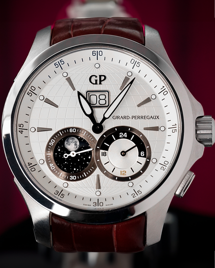 2019 Girard Perregaux Traveller Moon Phases GMT 44MM Silver Dial Leather Strap (49655-11-132-BB6A)