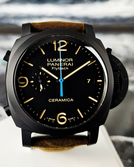 2016 Panerai Luminor 1950 3 Days Chrono Flyback 44MM Black Dial Leather Strap (PAM00580)