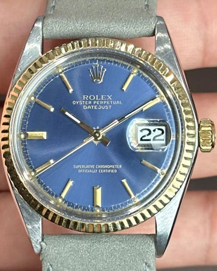 1965 Rare Rolex Datejust 36MM Blue Dial Aftermarket Leather Strap (1601)