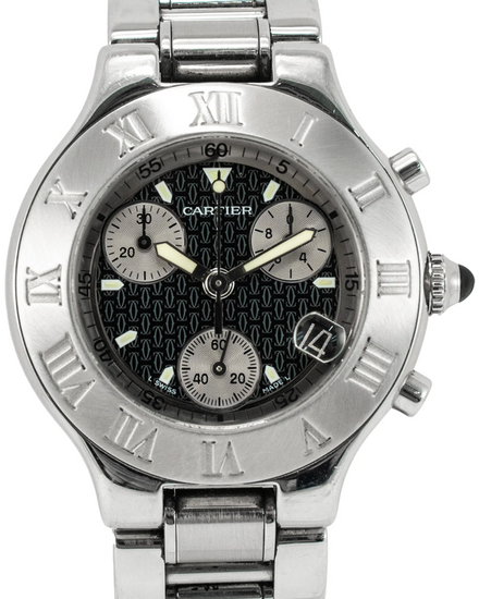 Cartier 21 Chronoscaph 38MM Quartz Black Dial Steel Bracelet (2424)