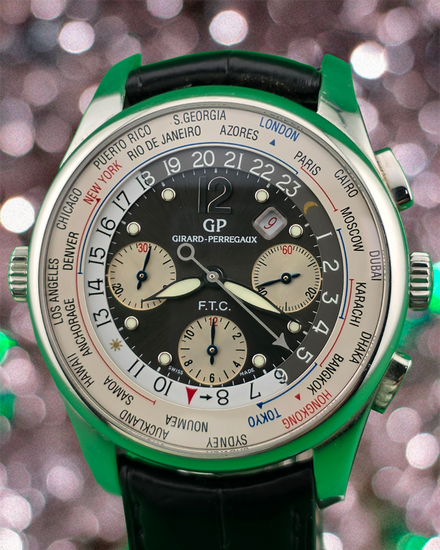 Girard Perregaux World Time WW.TC Chronograph 43MM Black Dial Leather Strap (49805)