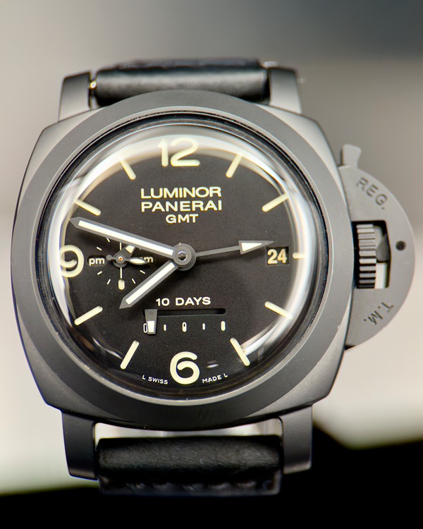2012 Panerai Luminor 1950 10 Days GMT 44MM Black Dial Leather Strap (PAM00335)