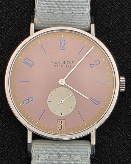 NOMOS Glashutte Tangente Datum Pompadour L.E. 37.5MM Pink Dial Textile Strap (179.S15)