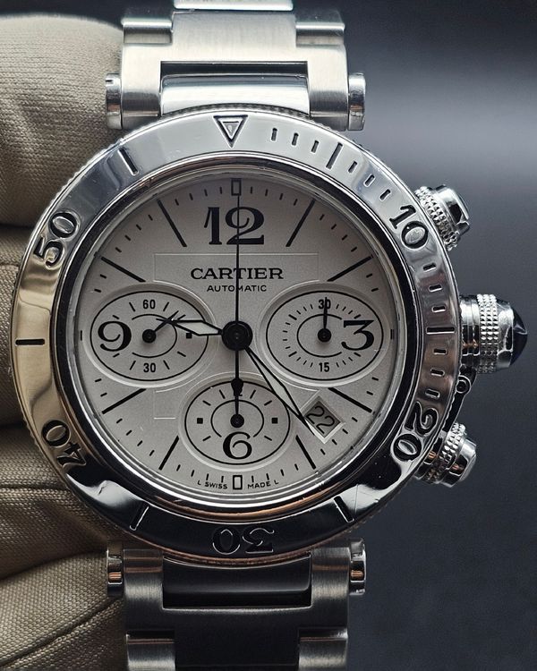 Cartier Pasha De Cartier Seatimer Chronograph 42MM White Dial Steel Bracelet (W31089M7)