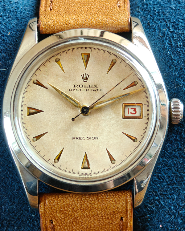 Rolex Oyster Precision 34MM White "Tropical" Dial Aftermarket Leather Strap (6294)