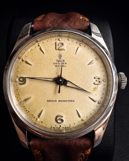 1956 Tudor Vintage 34MM White "Patina" Dial Aftermarket Leather Strap (7904)