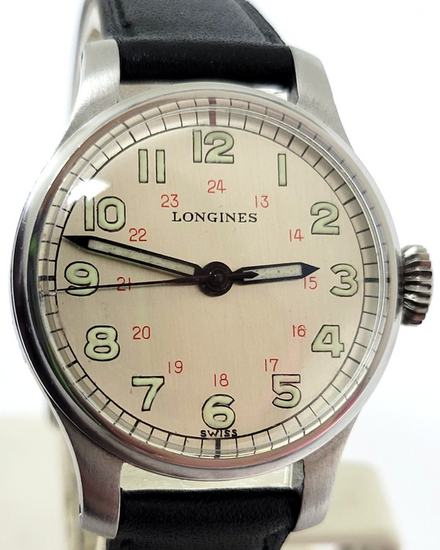 1941 Longines Vintage Military WWII 32.2MM Silver Dial Aftermarket Leather Strap (Cal. 12L)
