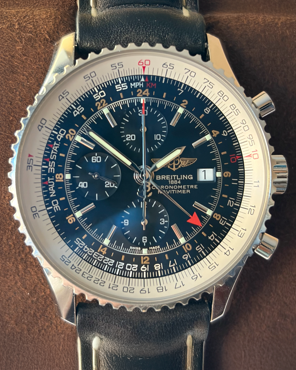 No Reserve - 2017 Breitling Navitimer World GMT 46MM Black Dial Leather Strap (A2432212/B726)