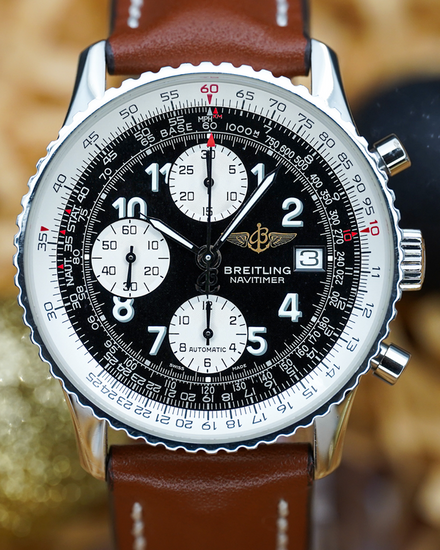 No Reserve - 2002 Breitling Navitimer II 41MM Black Dial Aftermarket Leather Strap (A13322)