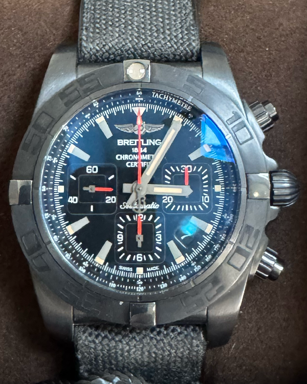 No Reserve - 2016 Breitling Chronomat Blacksteel 44MM Black Dial Textile Strap (MB0111C3/BE35)
