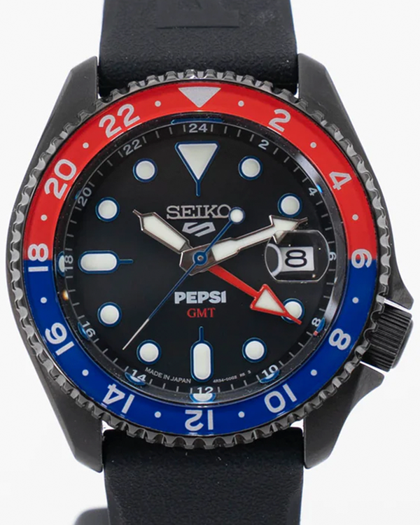2025 Seiko 5 Sports GMT "Pepsi" L. E. 42.5MM Black Dial Rubber Strap (SSK047)