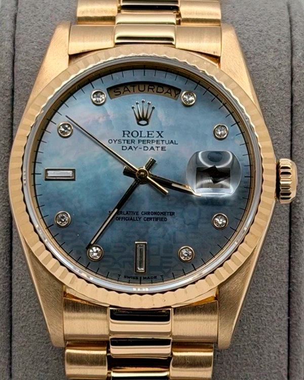 1990 (E Serial) Rolex Day-Date 36MM Blue Mother of Pearl "Jubilee" Dial Yellow Gold President Bracelet (18348)