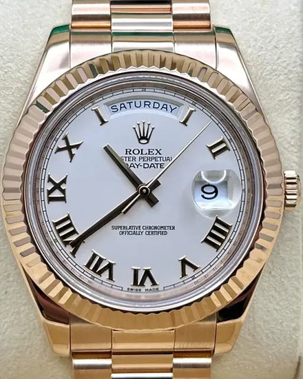 Rolex Day-Date II 41MM White Dial Rose Gold President Bracelet (218235)