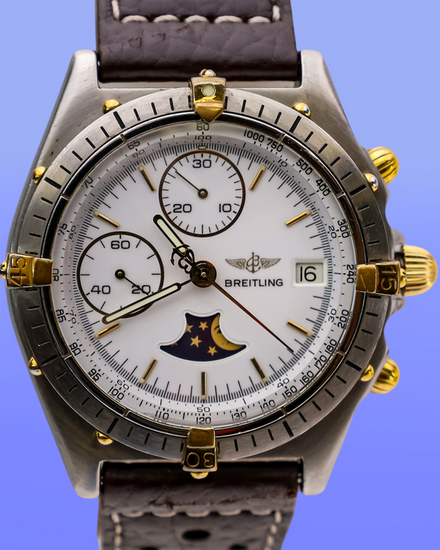 No Reserve - Breitling Chronomat Luna Moonphase 39MM White Dial Leather Strap (81950)