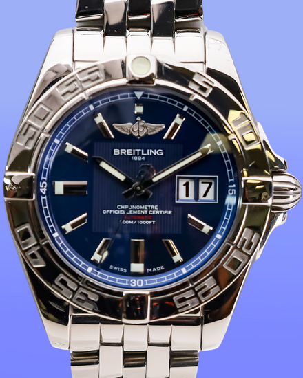 No Reserve - 2014 Breitling Galactic 41MM Blue Dial Steel Bracelet (A49350)