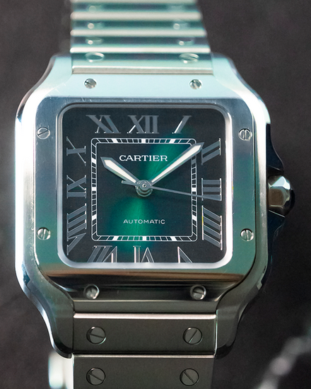 No Reserve - 2023 Cartier Santos De Cartier 35.1MM Green Dial Steel Bracelet (WSSA0061)