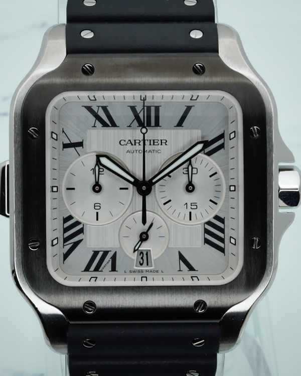2019 Cartier Santos De Cartier Chronograph 43.3MM Silver Dial Rubber Strap (WSSA0017)