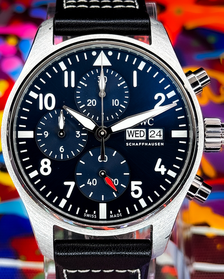 No Reserve - IWC Schaffhausen Pilot Chronograph 41MM Blue Dial Leather Strap (IW388101)