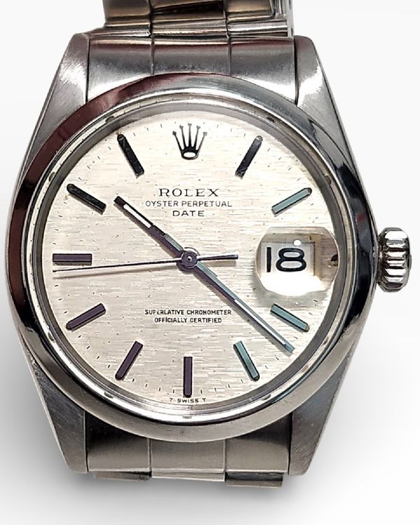 1973 Rolex Oyster Perpetual Date 34MM Silver "Linen" Dial Oyster Bracelet (1500)