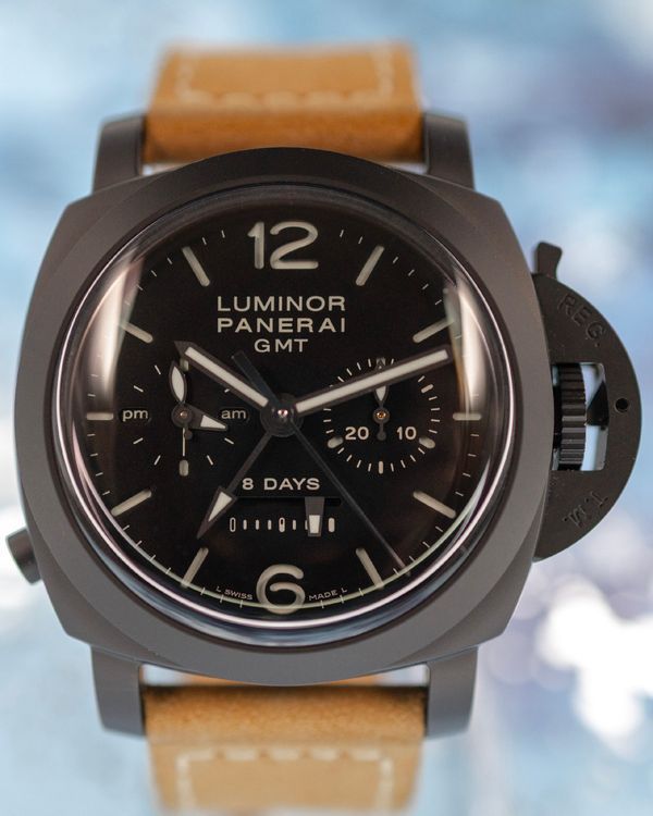 2021 Panerai Luminor 1950 8 Days Chrono Monopulsante GMT 44MM Black Dial Leather Strap (PAM00317)
