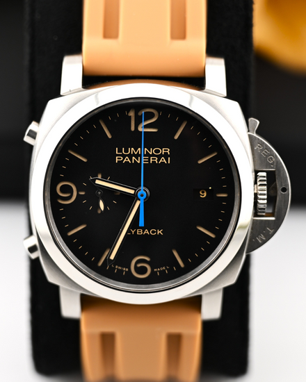 No Reserve - Panerai Luminor 1950 3 Days Chrono Flyback 44MM Black Dial Aftermarket Rubber Strap (PAM00524)