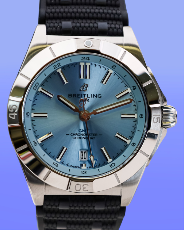 No Reserve - 2025 Breitling Chronomat GMT 40MM Ice Blue Dial Rubber Strap (P32398)