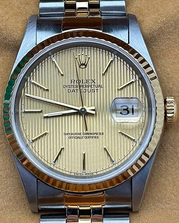 1996 Rolex Datejust 36MM Champagne "Tapestry" Dial Two-Tone Jubilee Bracelet (16233)