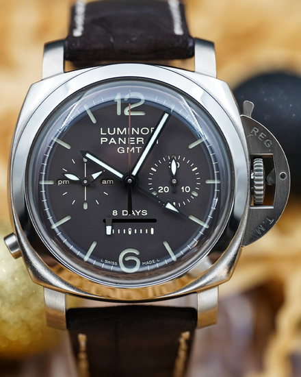 No Reserve - 2008 Panerai Luminor 1950 8 Days Chrono Monopulsante 44MM Brown Dial Aftermarket Leather Strap (PAM00311)