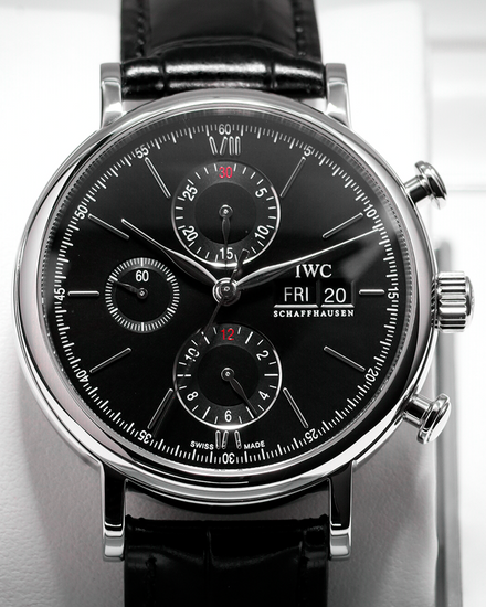 No Reserve - 2018 IWC Schaffhausen Portofino Chronograph 42MM Black Dial Leather Strap (IW391008)