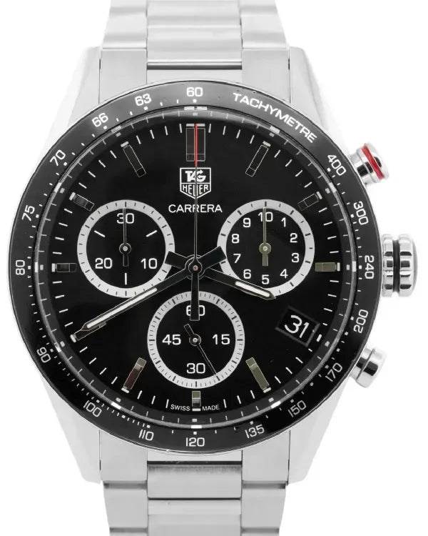 Tag Heuer Carrera Chronograph 43MM Quartz Black Dial Steel Bracelet (CV1A10)